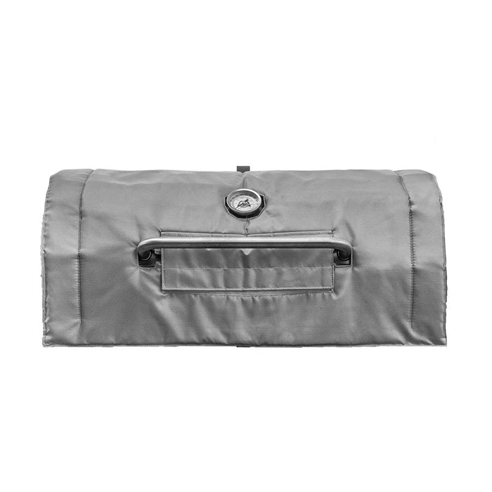Silvery grey grill blanket with holes for thermometer gauge and hood handle