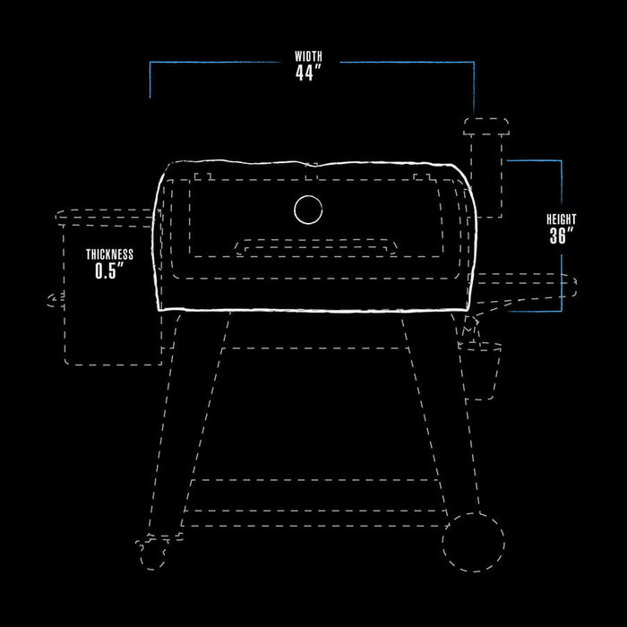 black and white dimension drawing for grill insulated blanket. measures 44" x 36" x .5"