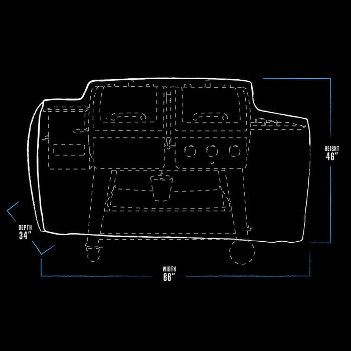 Pit Boss Grills 1230 Combo Grill Cover, white, with dimensions: 66" width, 34" depth, 46" height.