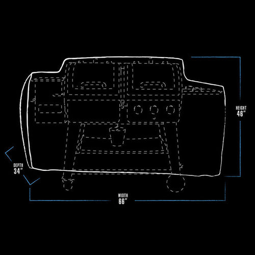 Pit Boss Grills 1230 Combo Grill Cover, white, with dimensions: 66" width, 34" depth, 46" height.
