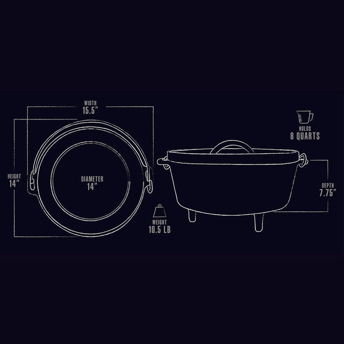 black and white line drawing of cast iron dimensions