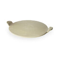 Beige colored circular pizza stone with engraved pit boss logo in center