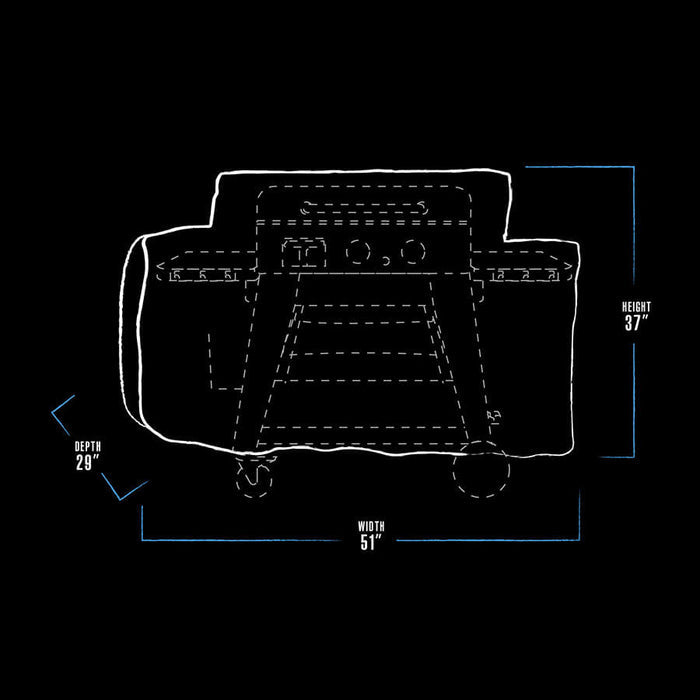 pit boss griddle cover dimension drawing black and white with blue accent lines. measures 51" x 29" x 37"