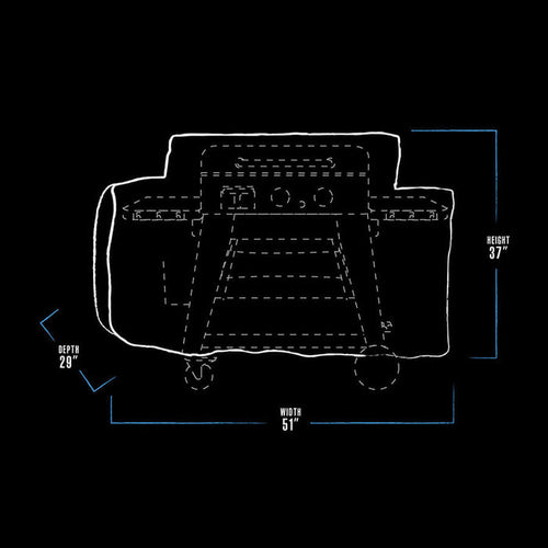 pit boss griddle cover dimension drawing black and white with blue accent lines. measures 51" x 29" x 37"