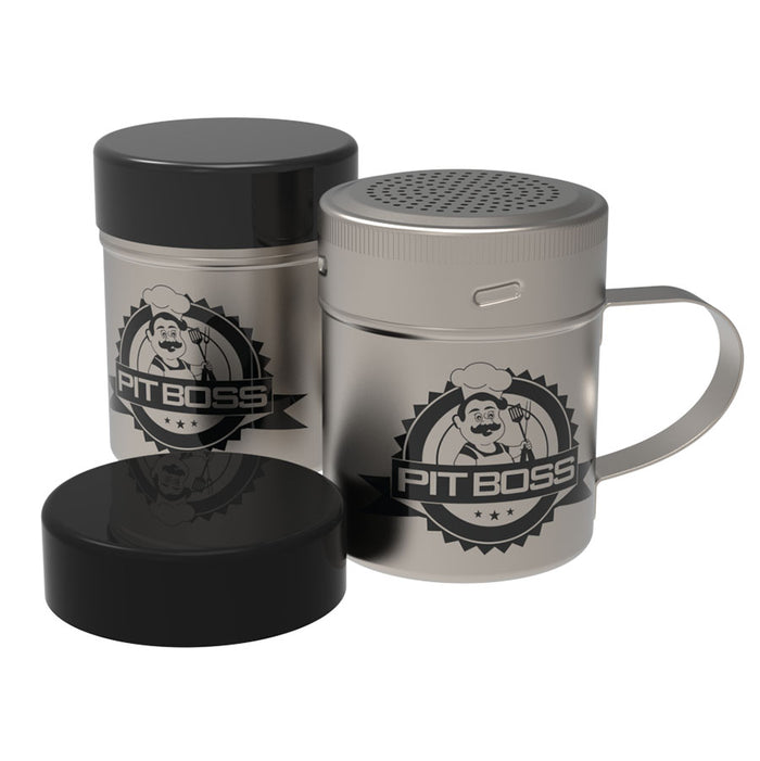 "Silver and black Pit Boss Grills spice shakers with logo, part of a 2-pack cooking tools set."