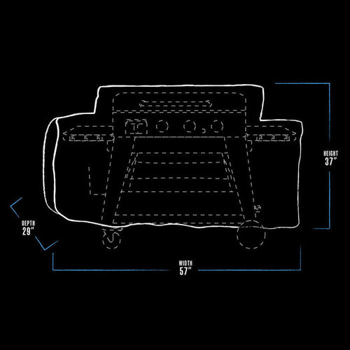 pit boss griddle cover dimension drawing, black and white with blue accents. 57" x 29" x 37"