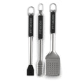 Pit Boss 3-Piece BBQ set. Stainless steel with black handles and pit boss logo for grilling and smoking. Includes spatula, tons, and sauce mop