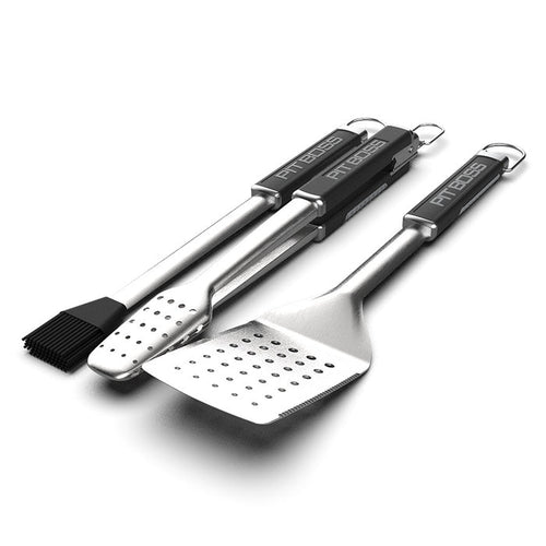 Pit Boss 3-Piece BBQ set. Stainless steel with black handles and pit boss logo for grilling and smoking. Includes spatula, tons, and sauce mop