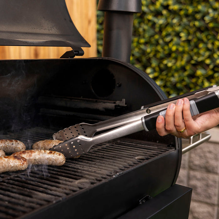 Pit Boss BBQ Tongs for grilling and smoking, cooking grilled sausages on wood pellet grill grates
