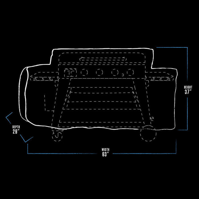 pit boss griddle cover dimension drawing, black and white with blue accents. measure 63" x 29" x 37"