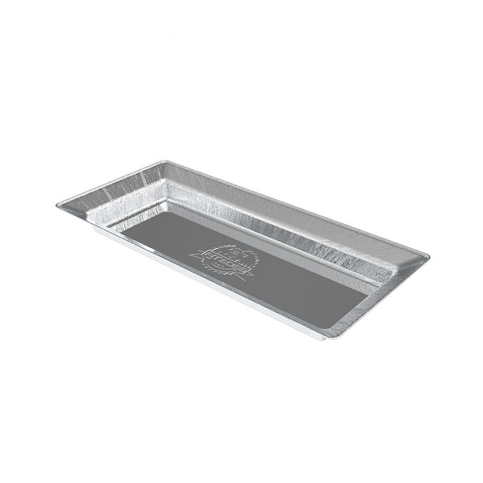 Long and rectangular silver foil liner with engraved pit boss logo on bottom of inside