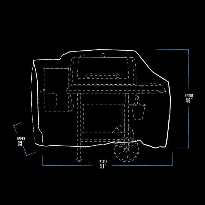 Pit Boss Grills 700R2 Wood Pellet Grill Cover, white, with dimensions: 51" width, 33" depth, 46" height.