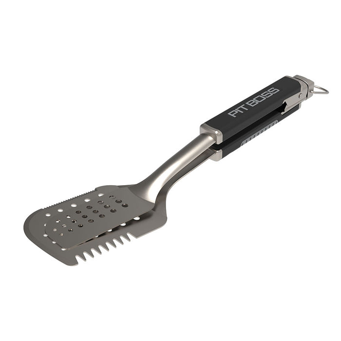Pit Boss All In One BBQ Tool, Stainless steel accessory with black handle and silver Pit Boss logo for grilling and smoking