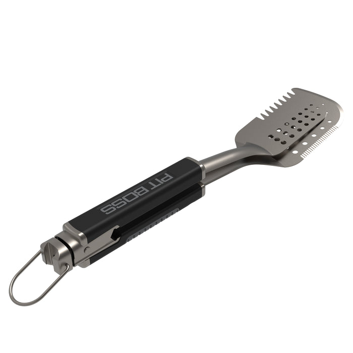 Pit Boss All In One BBQ Tool, flipping burgers cooking on wood pellet grill with gloved hand