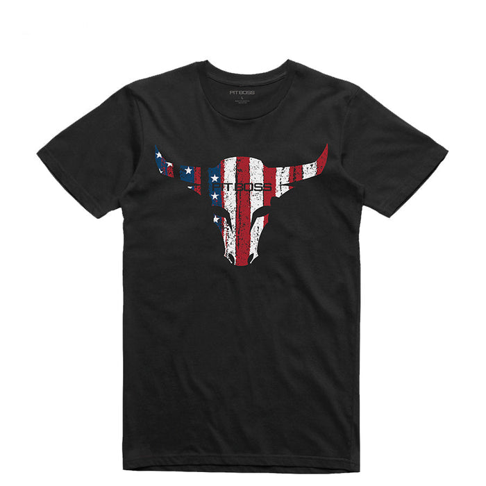 Black Pit Boss Grills American Bull Men's T-Shirt with American flag design and bold text.