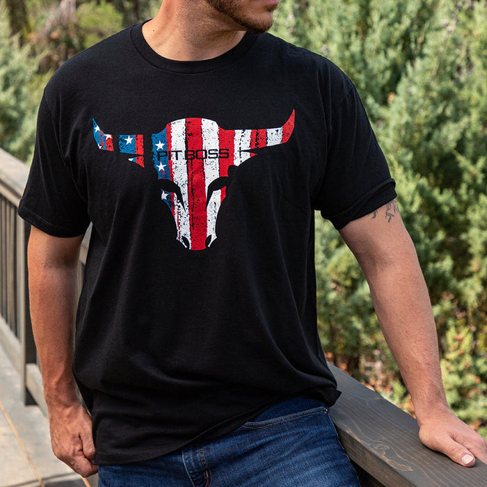 Black Pit Boss Grills American Bull Men's T-Shirt with American flag design and bull silhouette.