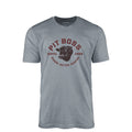 Stone Heather Angus American Men’s T-Shirt by Pit Boss Grills, featuring bold red "PIT BOSS" text and grill imagery.