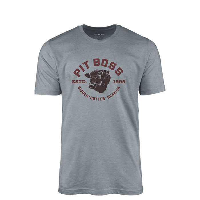 Stone Heather Angus American Men’s T-Shirt by Pit Boss Grills, featuring bold red "PIT BOSS" text and grill imagery.