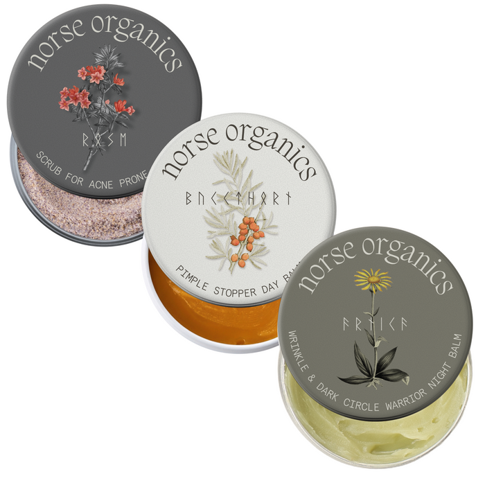 Anti-Age & Glow Ritual three Norse Organics jars showing scrub, day balm and night balm textures