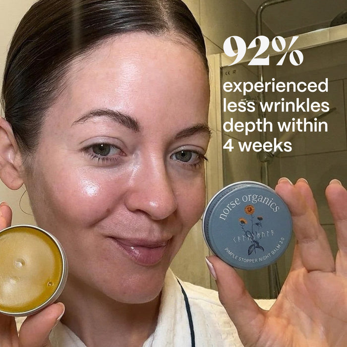 Woman holding open and closed Anti-Age & Glow Ritual balm tins beside a smoother-skin-in-4-weeks graphic