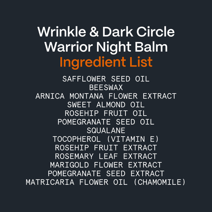 Wrinkle & Dark Circle Warrior Night Balm ingredient card with its natural Arctic botanicals