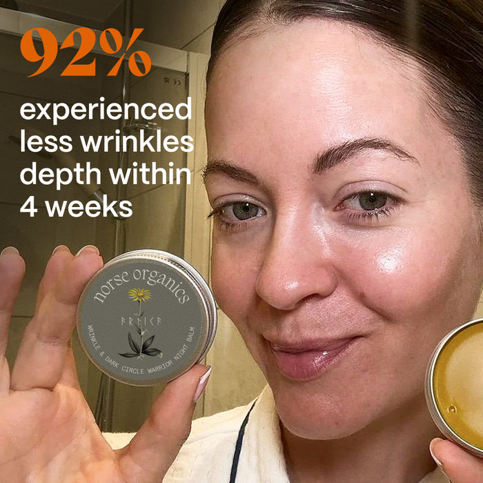 Woman holding the Wrinkle & Dark Circle Warrior Night Balm beside a smoother-wrinkles results graphic