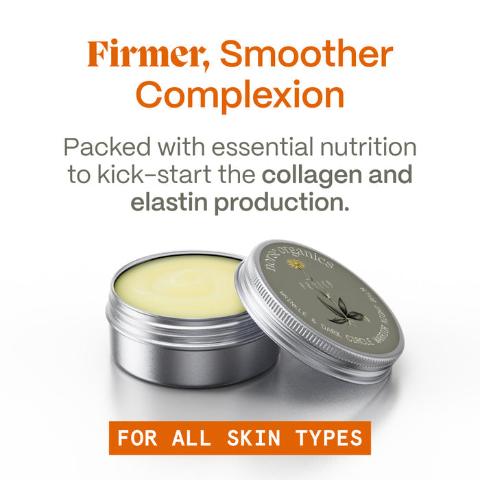 Open Wrinkle & Dark Circle Warrior Night Balm tin beside a firmer, smoother complexion message