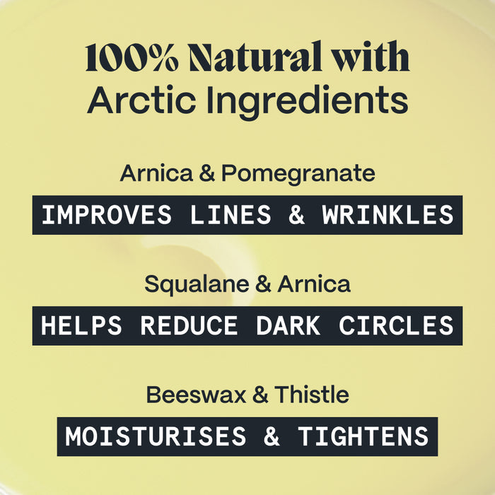 Ingredient benefits card for the night balm: arnica, pomegranate, squalane, beeswax and thistle