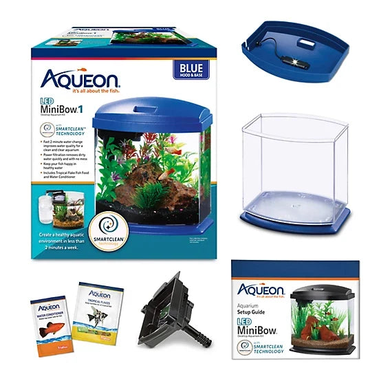 Aqueon Aquarium Kit Mini Bow Led Smart Clean, Blue, 1 gal.