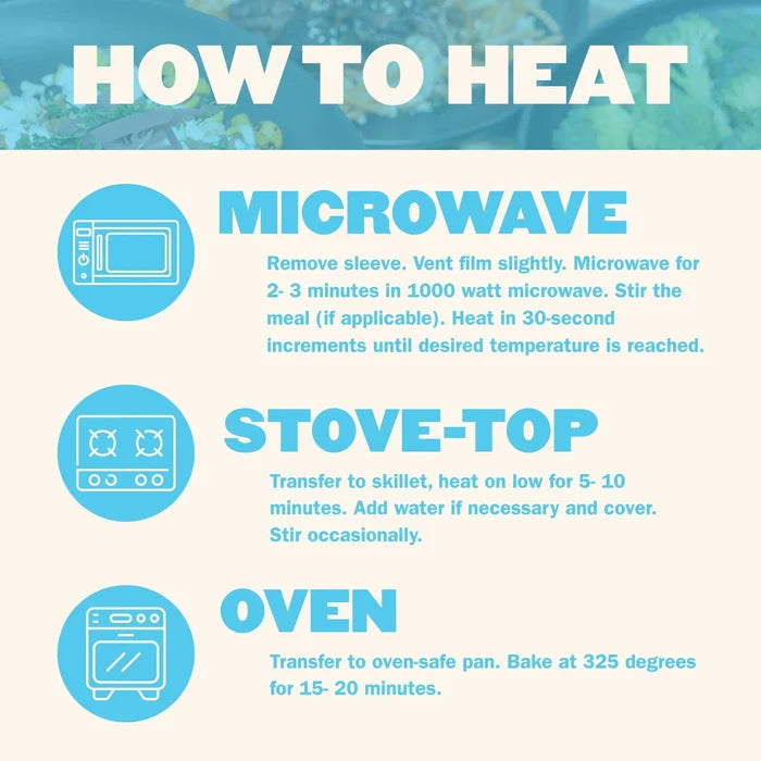 How to heat Basics Meal Plan meals by microwave, stovetop, or oven for quick heat-and-eat clean meals