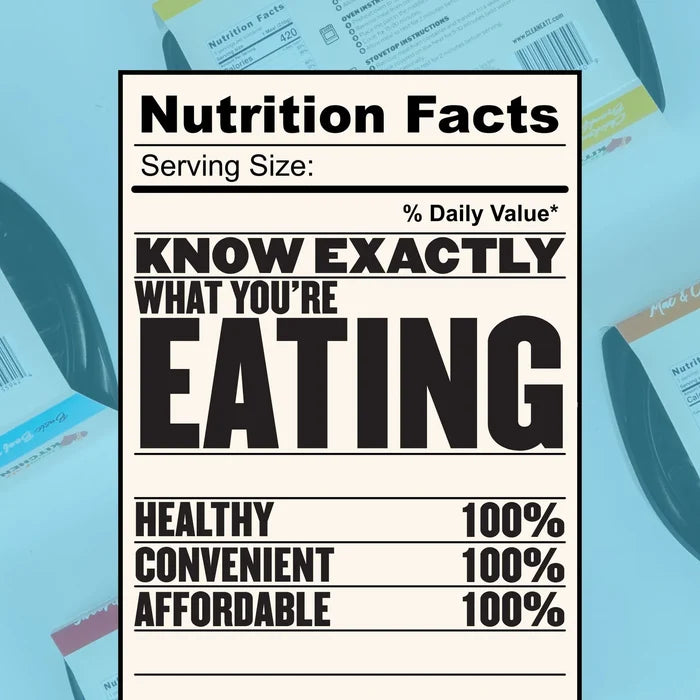 Basics Meal Plan nutrition facts graphic showing healthy, convenient, and affordable clean prepared meals
