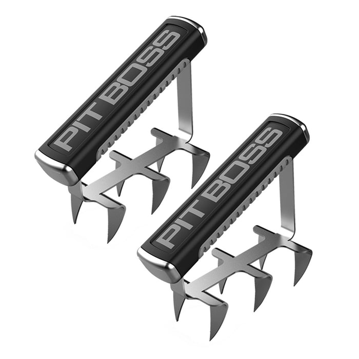 Pit Boss BBQ Pit Kit, stainless steel meat shredder claws with black handles and grey pit boss logo