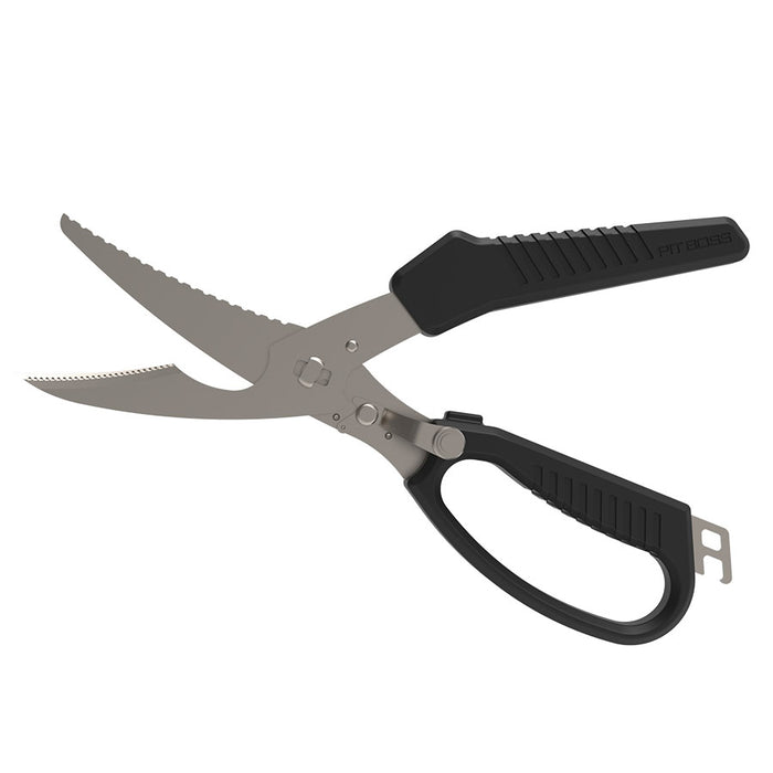 Pit Boss BBQ Shears, silver blades with black handles and bottle opener