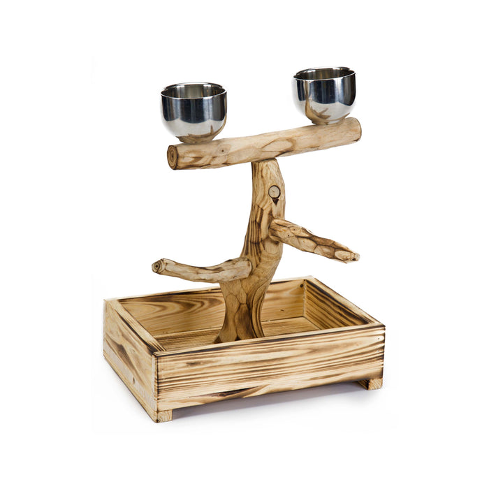 Bird Life™ Natural Wood Tree Perch for Small & Medium Birds with Stainless Steel Cups