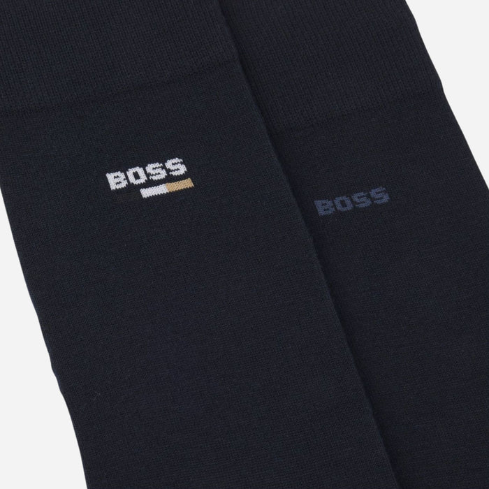 Close up of the BOSS 2-Pack of Regular-Length Cotton-Blend Iconic Logo Navy Blue Socks.
