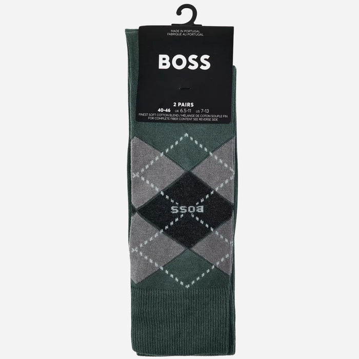 The BOSS 2-Pack Regular Length Green Cotton Blend Argyle Socks in the packaging.