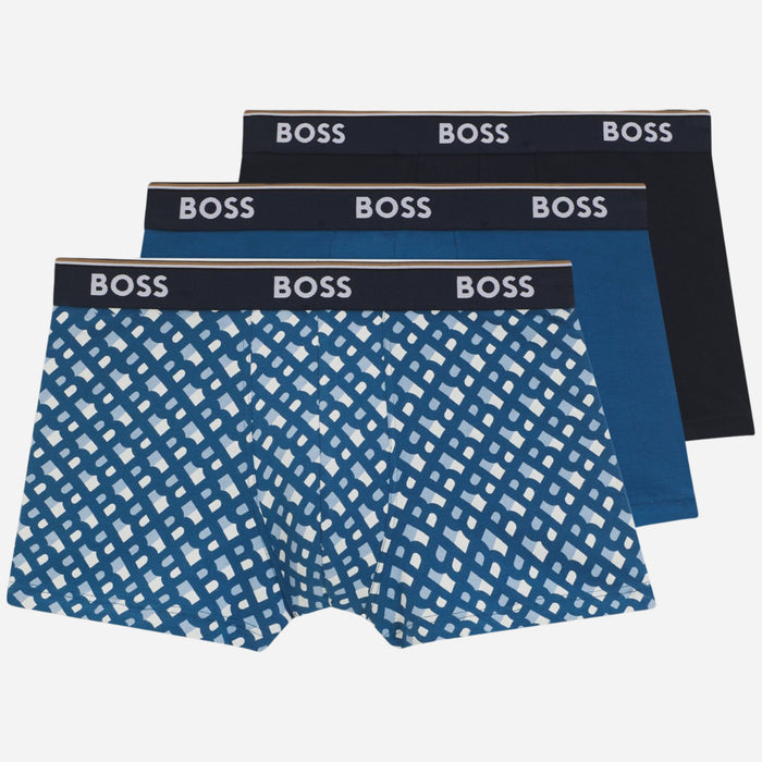 The BOSS 3-Pack of Blue Power Cotton Stretch Trunks with Logo Waistband by BOSS.