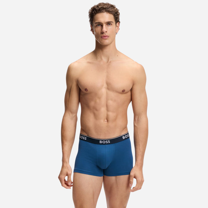 The blue pair from the BOSS 3-Pack of Blue Power Cotton Stretch Trunks with Logo Waistband.