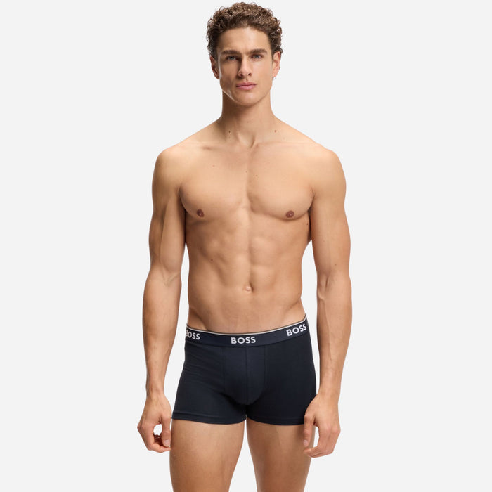 The navy blue pair from the BOSS 3-Pack of Blue Power Cotton Stretch Trunks with Logo Waistband.