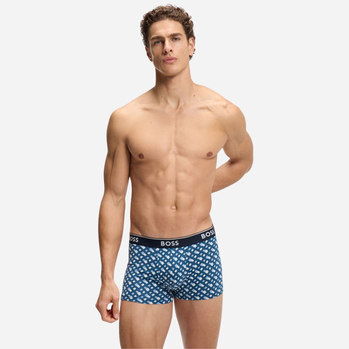 The blue BOSS monogram pattern pair from the BOSS 3-Pack of Blue Power Cotton Stretch Trunks with Logo Waistband.