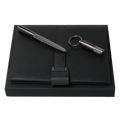 A5 Textured Leather Folder with Rollerball Pen and USB Keyring by Hugo Boss.