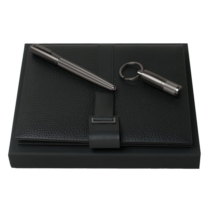 A5 Textured Leather Folder with Rollerball Pen and USB Keyring by Hugo Boss.