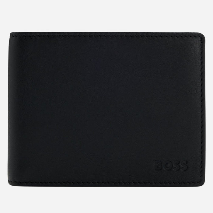 The BOSS Arezzo Grained Black Leather Trifold Wallet with Embossed Logo by BOSS.