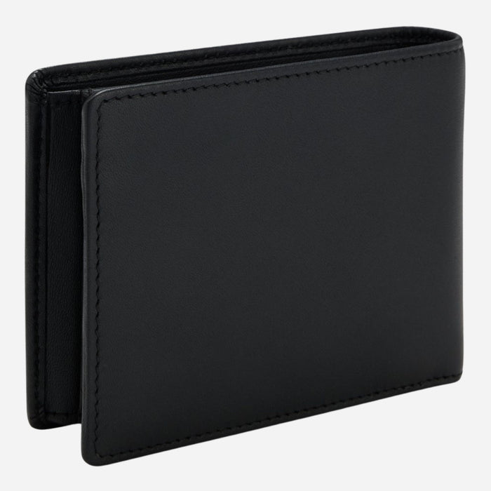 Back view of the BOSS Arezzo Grained Black Leather Trifold Wallet with Embossed Logo.