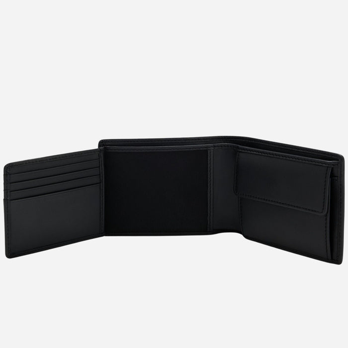 Inside the BOSS Arezzo Grained Black Leather Trifold Wallet with Embossed Logo.