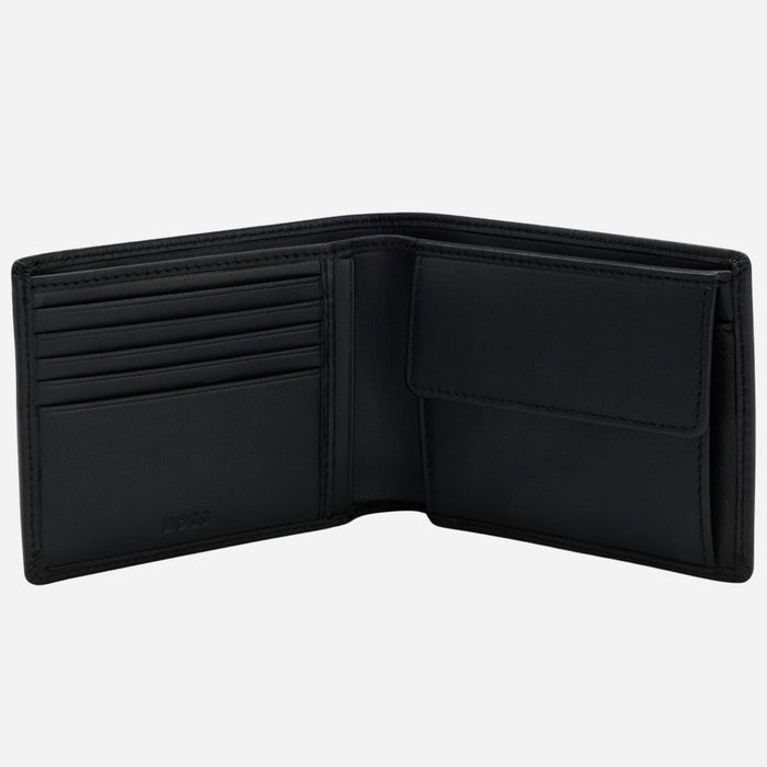 Inside the BOSS Asolo Grained Black Leather Bifold Wallet with Embossed Logo.