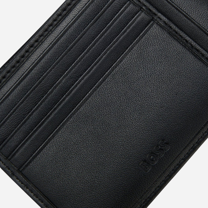 The embossed BOSS logo inside the BOSS Asolo Grained Black Leather Bifold Wallet with Embossed Logo.
