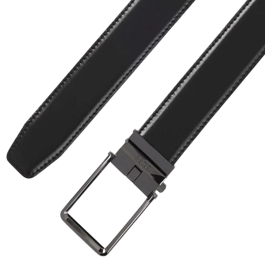 The Austin Os35 Italian Leather Black Automatic Belt with Logo Keeper is crafted from 100% cow hide leather and features brushed silver hardware.