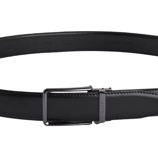 The automatic function of the Austin Os35 Italian Leather Black Automatic Belt with Logo Keeper allows for an elegant, custom fit.