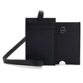 This BOSS 'B' Icon Neck Card Case in Black Leather is made out of saffiano leather on the inside and plain leather on the outside.